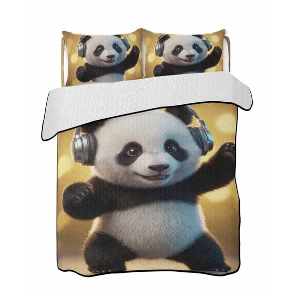 Quilts Full Size Bedding Set, Cute Panda Lightweight Quilted Comforter, Funny Abstract Animals Print Soft Reversible Bedspread Coverlet with Pillow Covers for All Season, 78" x 90"