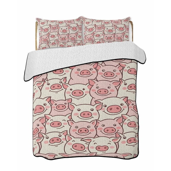 Quilts Full Size Bedding Set, Cute Pigs Lightweight Quilted Comforter, Modern Animals Cartoon Soft Reversible Bedspread Coverlet with Pillow Covers for All Season, 78" x 90"