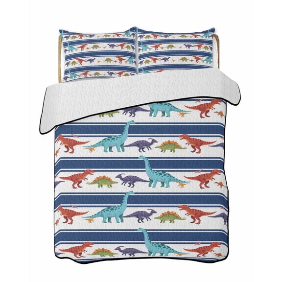 Quilts Full Size Bedding Set, Dinosaur Lightweight Quilted Comforter, Blue Striped Cartoon Abstract Animals Cute Soft Reversible Bedspread Coverlet with Pillow Covers for All Season, 78" x 90"