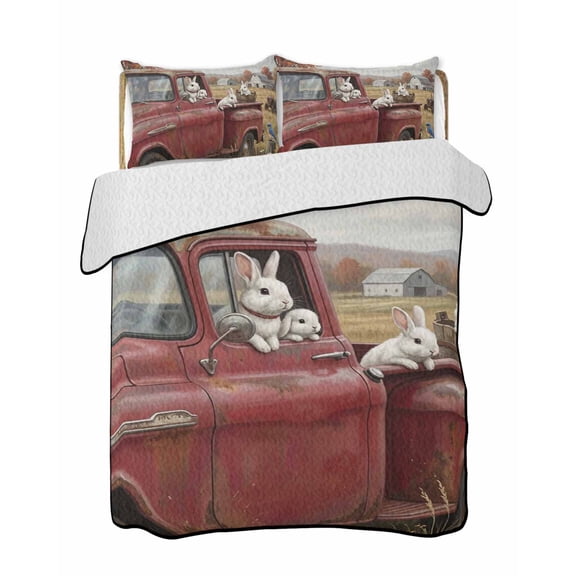 Quilts Full Size Bedding Set, Farm Rabbit Lightweight Quilted Comforter, Farmhouse Pastoral Truck Bunny Trees Barn Soft Reversible Bedspread Coverlet with Pillow Covers for All Season, 78" x 90"