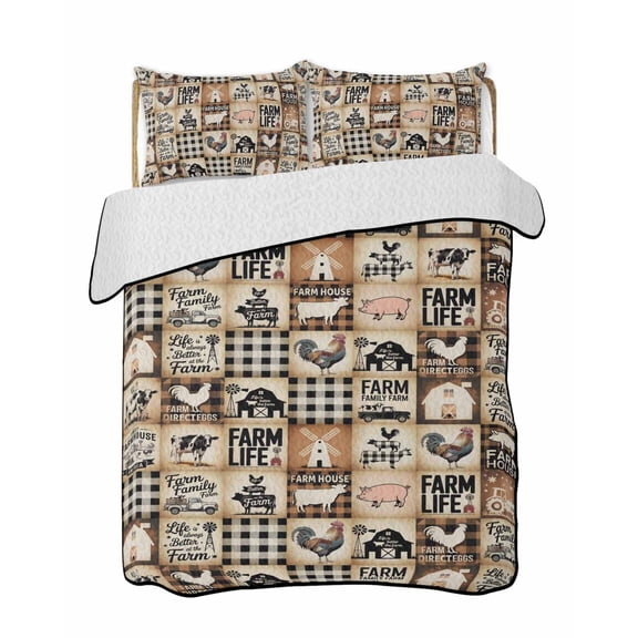 Quilts Full Size Bedding Set, Farmhouse Checkered Lightweight Quilted Comforter, Rustic Retro Farm Life Assembling Soft Reversible Bedspread Coverlet with Pillow Covers for All Season, 78" x 90"