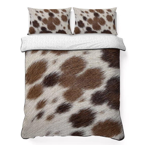 Quilts Full Size Bedding Set, Farmhouse Cow Print Lightweight Quilted Comforter, Country Cowhide Fur Textured Brown Soft Reversible Bedspread Coverlet with Pillow Covers for All Season, 78" x 90"