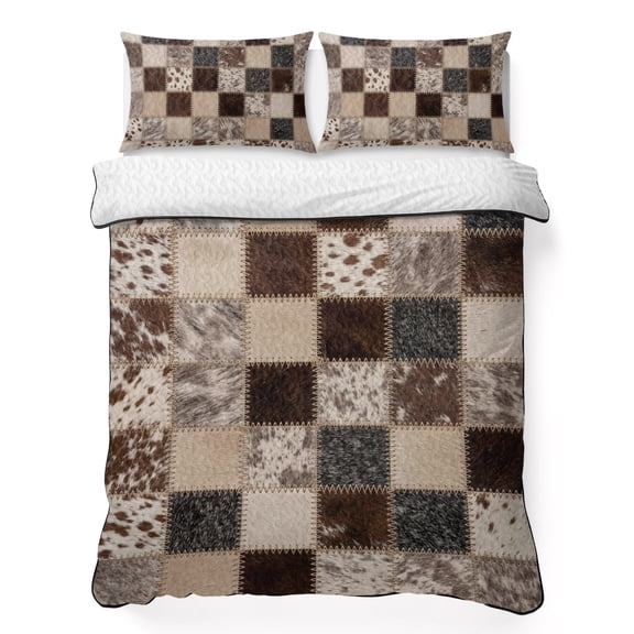 Quilts Full Size Bedding Set, Farmhouse Cow Print Lightweight Quilted Comforter, Country Patchwork Cowhide Fur Plaid Soft Reversible Bedspread Coverlet with Pillow Covers for All Season, 78" x 90"