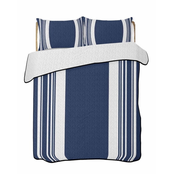 Quilts Full Size Bedding Set, Farmhouse Navy Blue Lightweight Quilted Comforter, Aesthetic Modern Line Striped Soft Reversible Bedspread Coverlet with Pillow Covers for All Season, 78" x 90"