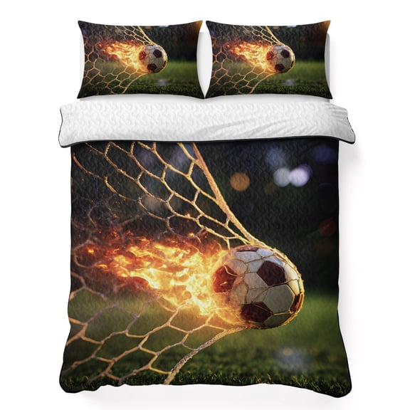 Quilts Full Size Bedding Set, Flaming Soccer Lightweight Quilted Comforter, Goal Net Powerful Fire Orange Grass Green Soft Reversible Bedspread Coverlet with Pillow Covers for All Season, 78" x 90"