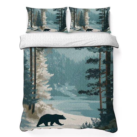 Quilts Full Size Bedding Set, Forest Bear Snowy Lightweight Quilted Comforter, Teal White Mountain Pine Trees Soft Reversible Bedspread Coverlet with Pillow Covers for All Season, 78" x 90"