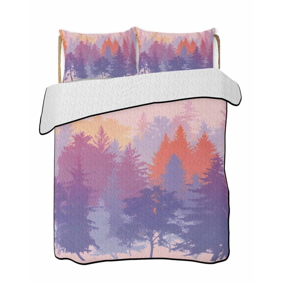 Quilts Full Size Bedding Set, Forest Silhouette Lightweight Quilted Comforter, Retro Abstract Watercolor Forest Trees Pink Soft Bedspread Coverlet with Pillow Covers for All Season, 78" x 90"