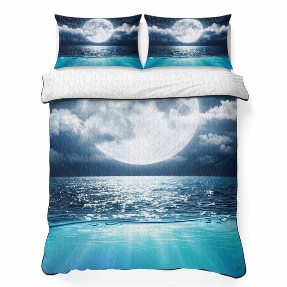 Quilts Full Size Bedding Set, Full Moon Lightweight Quilted Comforter, Night Natural Scenery Cloud Sea Waves Blue Soft Reversible Bedspread Coverlet with Pillow Covers for All Season, 78" x 90"