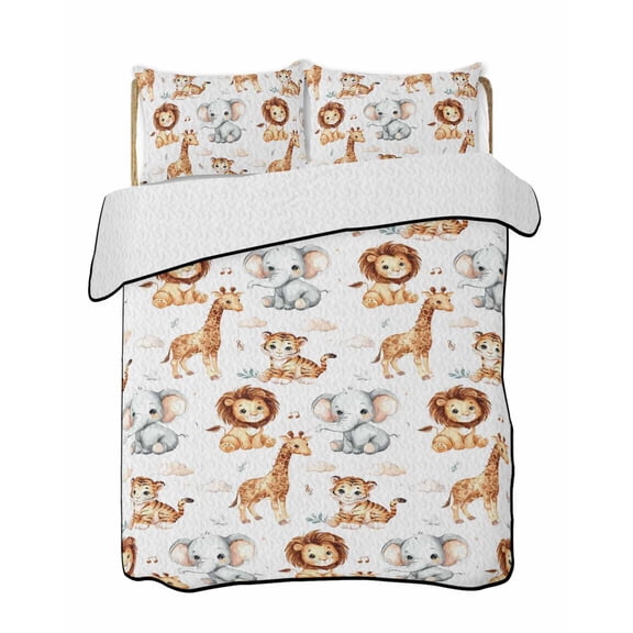 Quilts Full Size Bedding Set, Funny Animals Lightweight Quilted Comforter, Cartoon Lions Giraffes Elephant Forest Soft Reversible Bedspread Coverlet with Pillow Covers for All Season, 78" x 90"