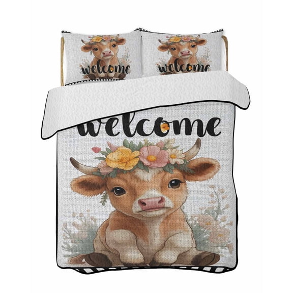 Quilts Full Size Bedding Set, Funny Cow Lightweight Quilted Comforter, Cute Animal Flowers Wreath Welcome Text Black Gray Soft Bedspread Coverlet with Pillow Covers for All Season, 78" x 90"