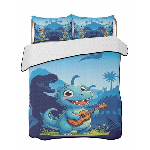 Quilts Full Size Bedding Set, Funny Dinosaur Lightweight Quilted Comforter, Playing Guitar Palm Tropical Blue Silhouette Reversible Bedspread Coverlet with Pillow Covers for All Season, 78" x 90"