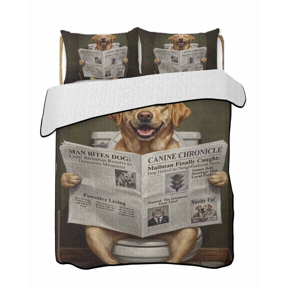 Quilts Full Size Bedding Set, Funny Dogs Lightweight Quilted Comforter, Abstract Puppy Reading Newspaper Toilet Soft Reversible Bedspread Coverlet with Pillow Covers for All Season, 78" x 90"