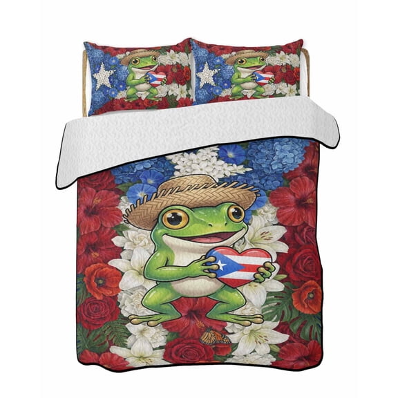 Quilts Full Size Bedding Set, Funny Frog Lightweight Quilted Comforter, Farmhouse Red Blue Floral Puerto Rico Flag Soft Reversible Bedspread Coverlet with Pillow Covers for All Season, 78" x 90"