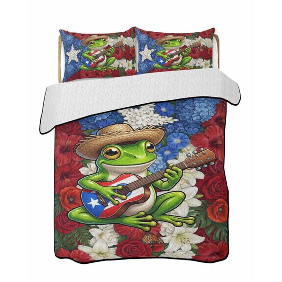 Quilts Full Size Bedding Set, Funny Guitar Frog Lightweight Quilted Comforter, Red Blue White Floral Puerto Rico Flag Soft Reversible Bedspread Coverlet with Pillow Covers for All Season, 78" x 90"