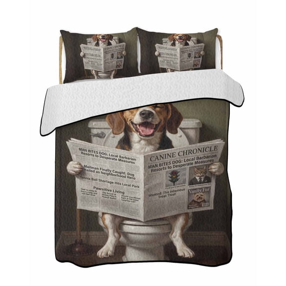 Quilts Full Size Bedding Set, Funny Puppy Dogs Lightweight Quilted Comforter, Cute Animals Reading Newspaper Toilet Soft Reversible Bedspread Coverlet with Pillow Covers for All Season, 78" x 90"