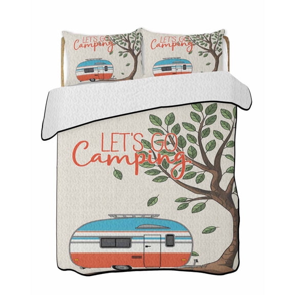 Quilts Full Size Bedding Set, Let's Go Camping Lightweight Quilted Comforter, Modern Camper Van Trees Burlap Rustic Soft Reversible Bedspread Coverlet with Pillow Covers for All Season, 78" x 90"
