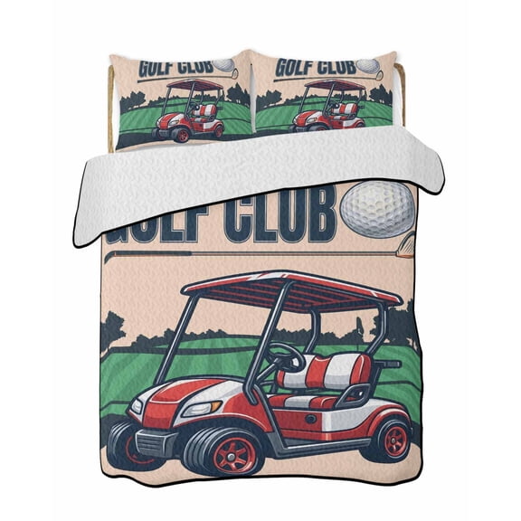 Quilts Full Size Bedding Set, Golf Lightweight Quilted Comforter, Cartoon Chic Sports Country Trees Artwork Soft Reversible Bedspread Coverlet with Pillow Covers for All Season, 78" x 90"