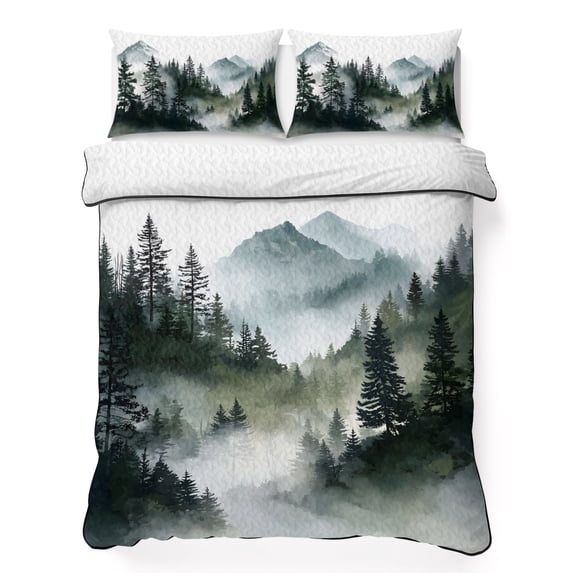 Quilts Full Size Bedding Set, Green Black Mountain Lightweight Quilted Comforter, Forest Pine Trees Abstract Art Soft Reversible Bedspread Coverlet with Pillow Covers for All Season, 78" x 90"