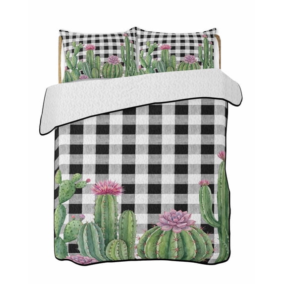 Quilts Full Size Bedding Set, Green Cactus Tropical Lightweight Quilted Comforter, Black White Buffalo Plaid Summer Soft Reversible Bedspread Coverlet with Pillow Covers for All Season, 78" x 90"