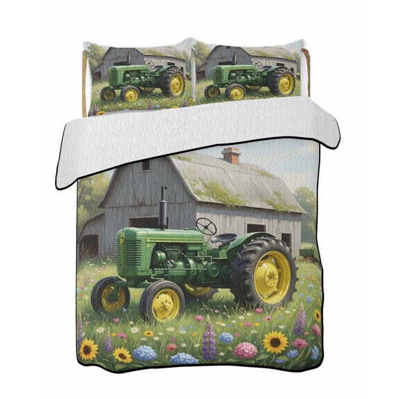 Quilts Full Size Bedding Set, Green Farm Truck Lightweight Quilted Comforter, Farmhouse Floral Grey Barn Soft Reversible Bedspread Coverlet with Pillow Covers for All Season, 78" x 90"