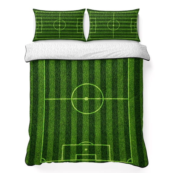 Quilts Full Size Bedding Set, Green Football Field Lightweight Quilted Comforter, Modern Balls Sport Games Match Soft Reversible Bedspread Coverlet with Pillow Covers for All Season, 78" x 90"