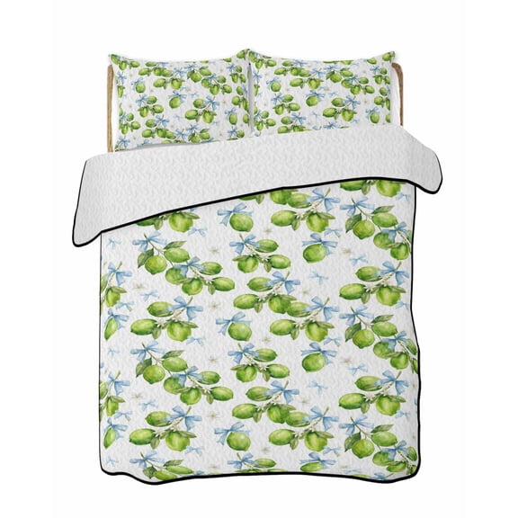 Quilts Full Size Bedding Set, Green Lemons Lightweight Quilted Comforter, Summer Watercolor Blue Bows Fruits Soft Reversible Bedspread Coverlet with Pillow Covers for All Season, 78" x 90"