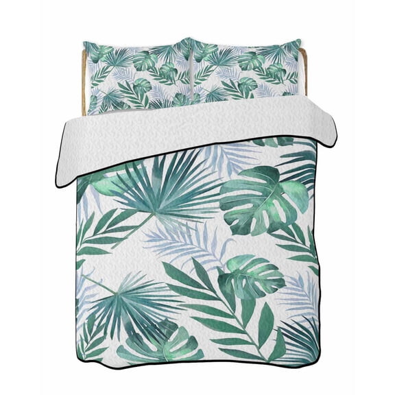 Quilts Full Size Bedding Set, Green Monstera Leaves Lightweight Quilted Comforter, Tropical Blue Palm Leaf Botanical Summer Soft Bedspread Coverlet with Pillow Covers for All Season, 78" x 90"