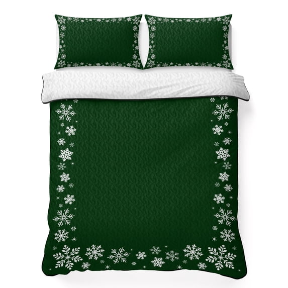 Quilts Full Size Bedding Set, Green Snowflake Christmas Lightweight Quilted Comforter, Xmas Snowflake Winter Modern Art Soft Reversible Bedspread Coverlet with Pillow Covers for All Season, 78" x 90"