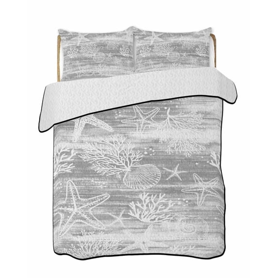 Quilts Full Size Bedding Set, Grey Coastal Lightweight Quilted Comforter, Summer Ocean Sea Waves Starfish Corals Soft Reversible Bedspread Coverlet with Pillow Covers for All Season, 78" x 90"