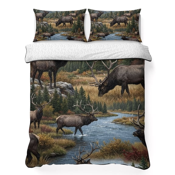 Quilts Full Size Bedding Set, Grey Moose Lightweight Quilted Comforter, Forest Mountain Modern Art Animals Soft Reversible Bedspread Coverlet with Pillow Covers for All Season, 78" x 90"