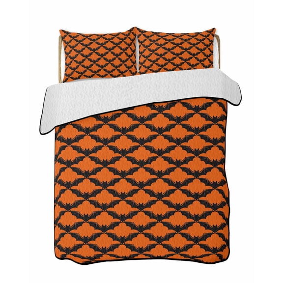 Quilts Full Size Bedding Set, Halloween Lightweight Quilted Comforter, Fall Abstract Spooky Horror Orange Black Bats Soft Reversible Bedspread Coverlet with Pillow Covers for All Season, 78" x 90"
