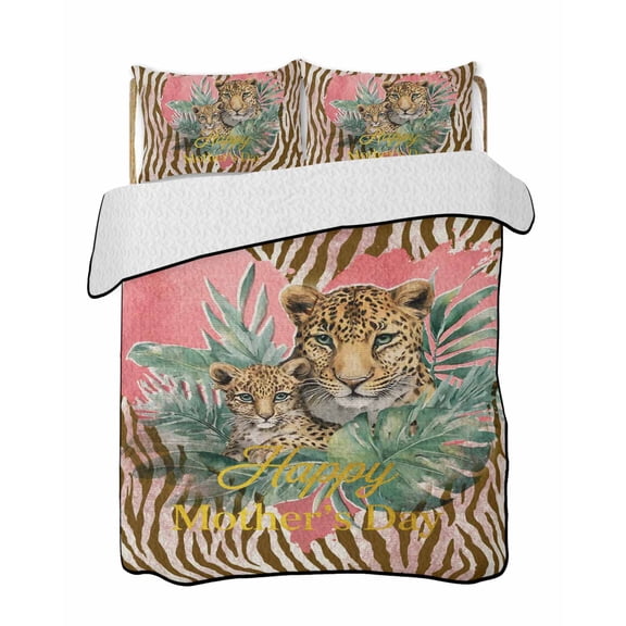Quilts Full Size Bedding Set, Happy Mother's Day Lightweight Quilted Comforter, Leopards Brown Abstract Art Pink Soft Reversible Bedspread Coverlet with Pillow Covers for All Season, 78" x 90"