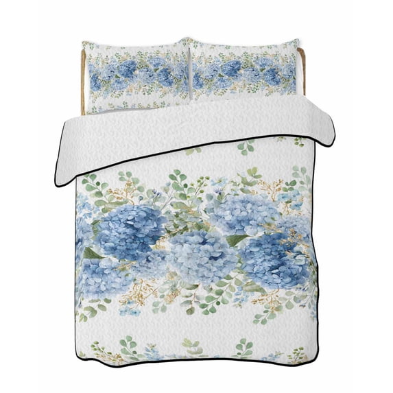 Quilts Full Size Bedding Set, Hydrangea Eucalyptus Lightweight Quilted Comforter, Summer Botanical Leaves Butterfly Soft Reversible Bedspread Coverlet with Pillow Covers for All Season, 78" x 90"