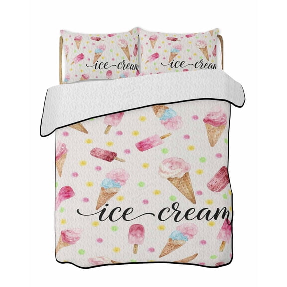 Quilts Full Size Bedding Set, Ice Cream Lightweight Quilted Comforter, Summer Pink Popsicle Colorful Polka Dots Soft Reversible Bedspread Coverlet with Pillow Covers for All Season, 78" x 90"