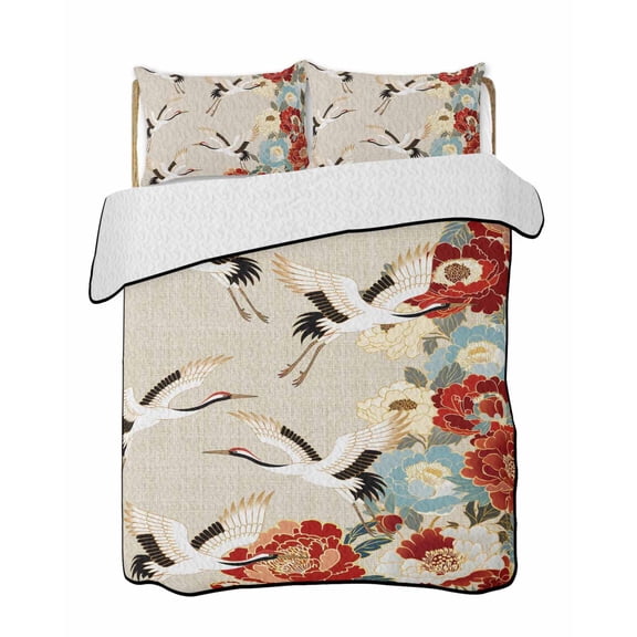 Quilts Full Size Bedding Set, Japanese Style Lightweight Quilted Comforter, Country Vintage Blossom Peony Birds Soft Reversible Bedspread Coverlet with Pillow Covers for All Season, 78" x 90"