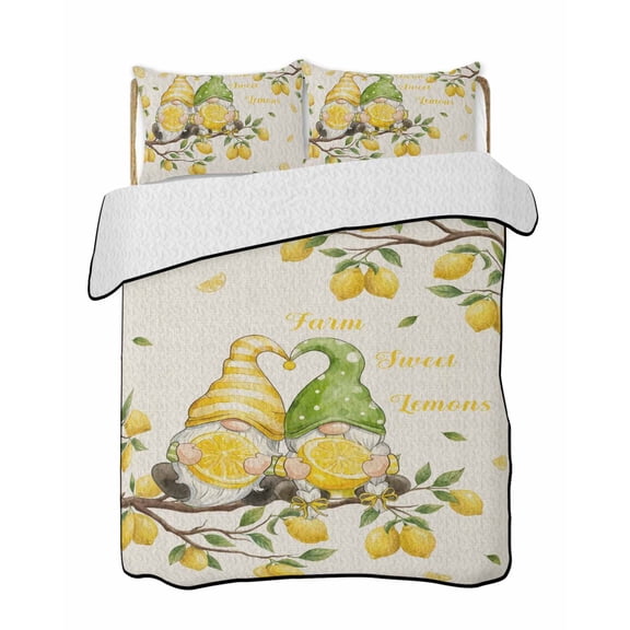 Quilts Full Size Bedding Set, Lemon Gnomes Lightweight Quilted Comforter, Summer Tropical Fruits Lemon Rustic Soft Reversible Bedspread Coverlet with Pillow Covers for All Season, 78" x 90"