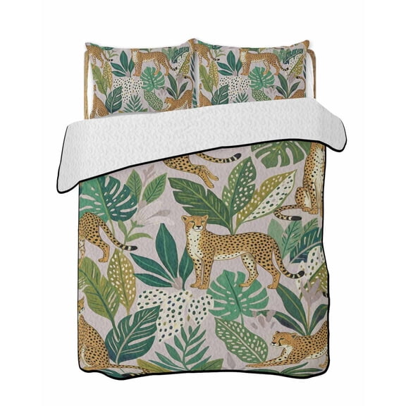 Quilts Full Size Bedding Set, Leopard Botanical Lightweight Quilted Comforter, Summer Tropical Animals Leaves Soft Reversible Bedspread Coverlet with Pillow Covers for All Season, 78" x 90"
