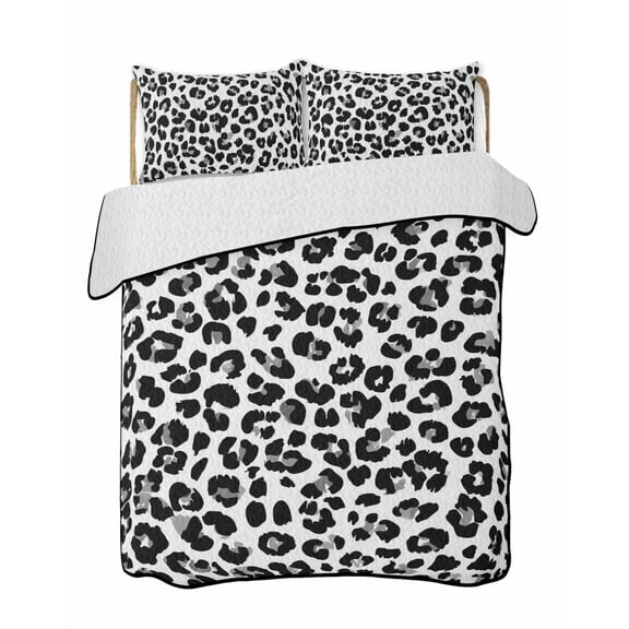 Quilts Full Size Bedding Set, Leopard Print Lightweight Quilted Comforter, Abstract Animals Textured Black White Soft Reversible Bedspread Coverlet with Pillow Covers for All Season, 78" x 90"