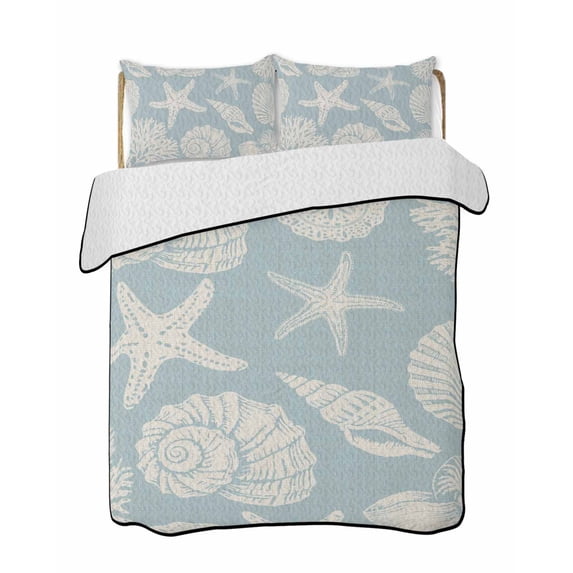 Quilts Full Size Bedding Set, Light Blue Starfish Coastal Lightweight Quilted Comforter, Shell Summer Beach Nautical Soft Reversible Bedspread Coverlet with Pillow Covers for All Season, 78" x 90"