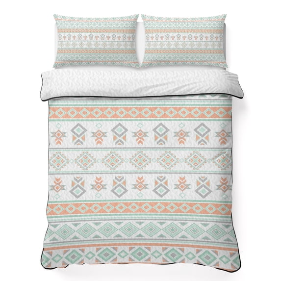 Quilts Full Size Bedding Set, Light Green Boho Striped Lightweight Quilted Comforter, Southwestern Ethnic Tribe Vintage Soft Reversible Bedspread Coverlet with Pillow Covers for All Season, 78" x 90"