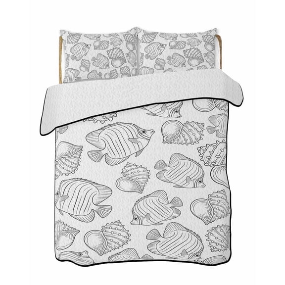 Quilts Full Size Bedding Set, Line Drawing Fish Lightweight Quilted Comforter, Summer Coastal Nautical Shell Soft Reversible Bedspread Coverlet with Pillow Covers for All Season, 78" x 90"