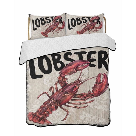 Quilts Full Size Bedding Set, Lobster Nautical Lightweight Quilted Comforter, Coastal Ocean Summer Sea Vintage Art Soft Reversible Bedspread Coverlet with Pillow Covers for All Season, 78" x 90"