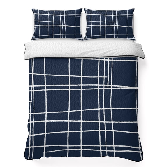 Quilts Full Size Bedding Set, Modern Striped Lightweight Quilted Comforter, Navy Indigo Contemporary Minimalist Art Soft Reversible Bedspread Coverlet with Pillow Covers for All Season, 78" x 90"