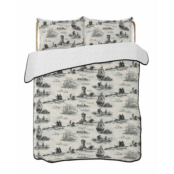 Quilts Full Size Bedding Set, Nautical Lighthouse Lightweight Quilted Comforter, Farmhouse Retro Ocean Ship Map Soft Reversible Bedspread Coverlet with Pillow Covers for All Season, 78" x 90"