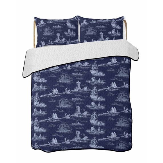 Quilts Full Size Bedding Set, Nautical Ship Lightweight Quilted Comforter, Blue Vintage Coastal Ocean Lighthouse Map Soft Reversible Bedspread Coverlet with Pillow Covers for All Season, 78" x 90"