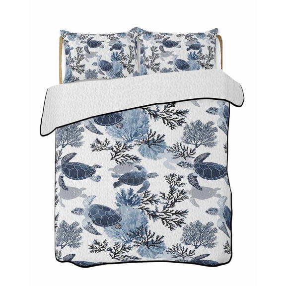 Quilts Full Size Bedding Set, Navy Blue Black Coastal Turtle Lightweight Quilted Comforter, Nautical Sea Coral Shell Soft Reversible Bedspread Coverlet with Pillow Covers for All Season, 78" x 90"