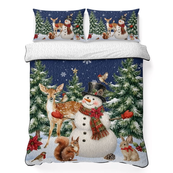 Quilts Full Size Bedding Set, Navy Blue Christmas Lightweight Quilted Comforter, Snowman Elk Xmas Tree Snowflake Soft Reversible Bedspread Coverlet with Pillow Covers for All Season, 78" x 90"
