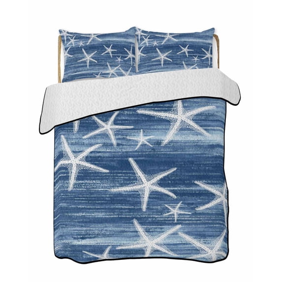 Quilts Full Size Bedding Set, Navy Blue Coastal Lightweight Quilted Comforter, Summer Ocean Waves Ombre Sea Starfish Soft Reversible Bedspread Coverlet with Pillow Covers for All Season, 78" x 90"