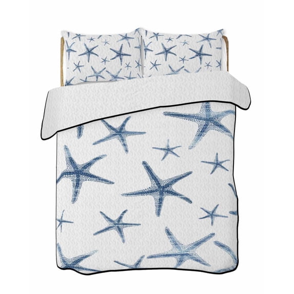 Quilts Full Size Bedding Set, Navy Blue Starfish Coastal Lightweight Quilted Comforter, Summer Beach Nautical Ocean Soft Reversible Bedspread Coverlet with Pillow Covers for All Season, 78" x 90"