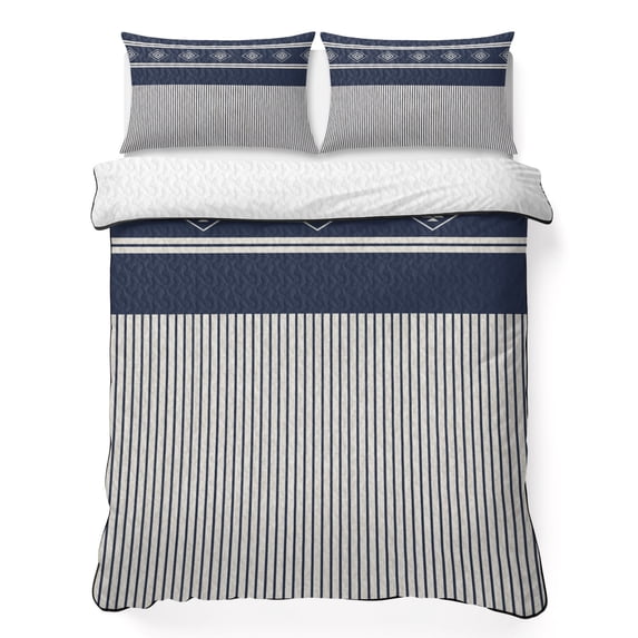 Quilts Full Size Bedding Set, Navy Blue Striped Lightweight Quilted Comforter, Contemporary Geometric Art Rustic Soft Reversible Bedspread Coverlet with Pillow Covers for All Season, 78" x 90"